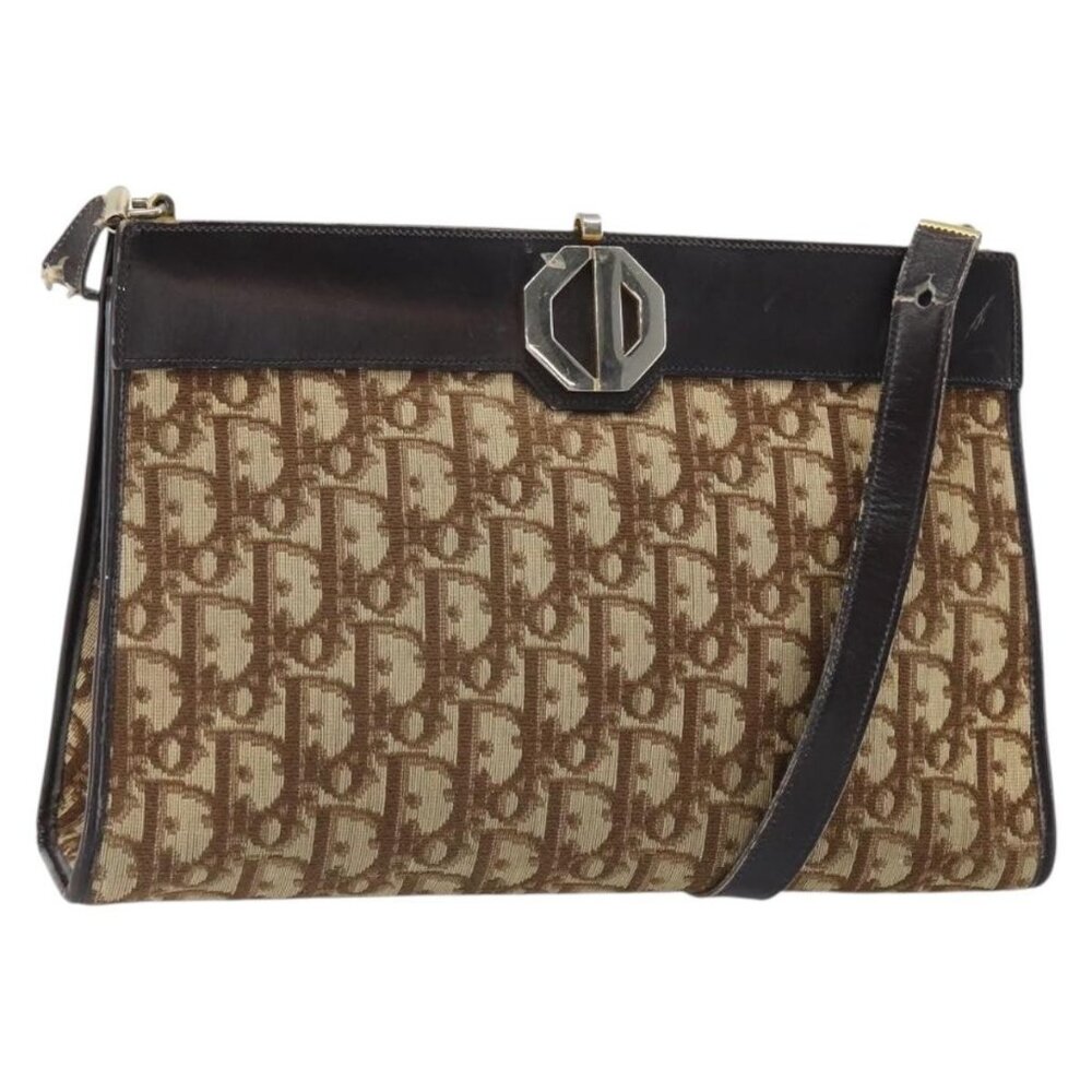 Authentic Christian Dior Trotter Canvas Shoulder Bag Beige Gold
